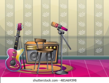 cartoon vector illustration interior music room with separated layers in 2d graphic