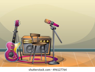 cartoon vector illustration interior music room with separated layers in 2d graphic