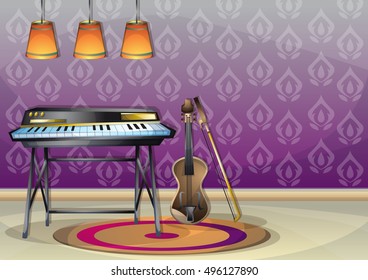 cartoon vector illustration interior music room with separated layers in 2d graphic