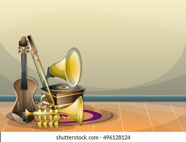 cartoon vector illustration interior music room with separated layers in 2d graphic