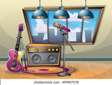 cartoon vector illustration interior music room with separated layers in 2d graphic