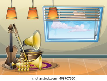 cartoon vector illustration interior music room with separated layers in 2d graphic