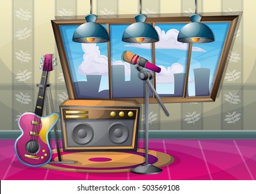 cartoon vector illustration interior music room with separated layers in 2d graphic