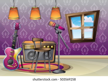 cartoon vector illustration interior music room with separated layers in 2d graphic