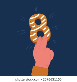 Cartoon vector illustration of International women's day poster. 8 number Happy Mother's Day. Hand hold eight shape cookie symbol over dark backround