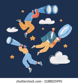 Ilustración vectorial de caricatura de la Investigación, buscando algo concepto. Mujeres y hombres vuelan en el cielo mirando a través de binoculares. mirar a través del telescopio binoculares lupa sobre la oscuridad