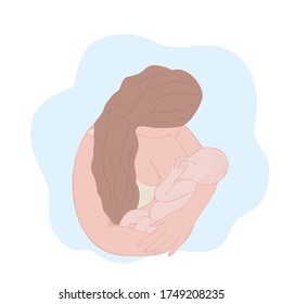 cartoon vector illustration isolated on blue background mother feeds her newborn baby, International Breastfeeding Day.