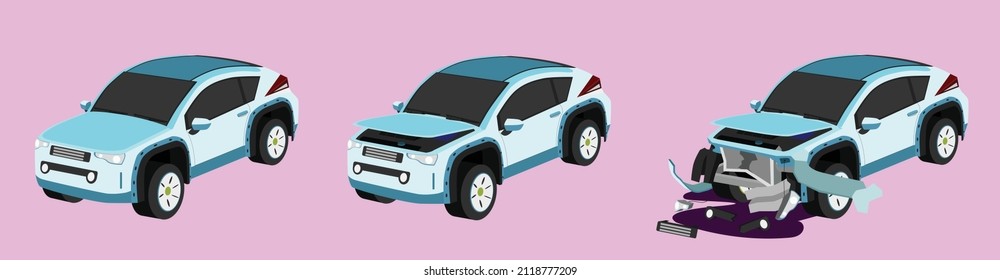 Cartoon vector or illustration isomatic. Status of the soft blue mini SUV car from normal car to the car was slightly damaged. until the car was severely damaged Damage the entire front with leak.