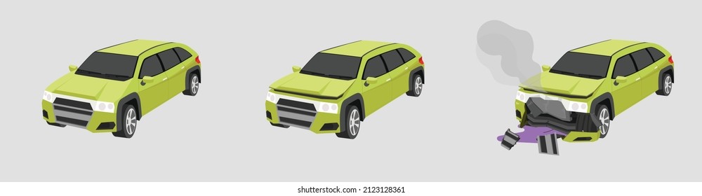 Cartoon vector or illustration isomatic. Status of the soft green mini SUV car from normal car to the car was slightly damaged. until the car was severely damaged Damage the entire front with leak.