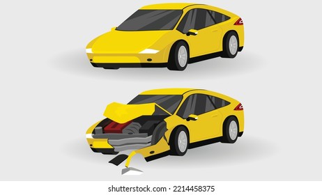 Cartoon vector or illustration isomatic. Status of the yellow sport car from normal car to the car was slightly damaged. Severely damaged front bumper broken open hood.