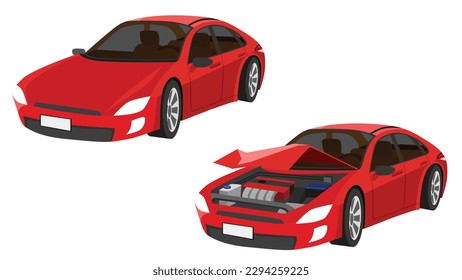 Vector de dibujos animados o ilustración isomática. El estado del coche deportivo rojo desde el coche normal hasta el coche fue ligeramente dañado. Cubierta de apertura rota delantera severamente dañada.