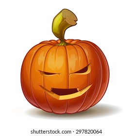 Cartoon vector illustration of a Jack-O-Lantern pumpkin curved in a vampire expression, isolated on white. Neatly organized and easy to edit EPS-10