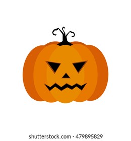 Cartoon vector illustration of a Jack-O-Lantern pumpkin curved in a vampire expression, isolated on white.