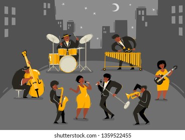 Cartoon vector illustration of jazz musicians playing in street. African people playing jazz, soul music - musical performance. Full height portrait of black men used for music poster, magazine.