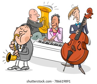 Cartoon Vector Illustration of Jazz Musicians Band Playing a Concert