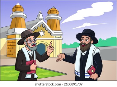 Cartoon vector illustration of Jews outside a synagogue