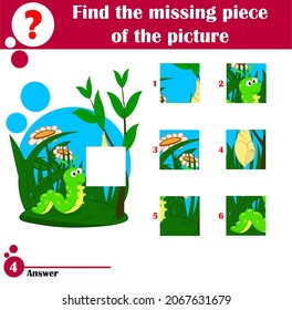 Vector de dibujos animados Ilustración de jigsaw. Juego educativo de rompecabezas para niños preescolares con oruga y capucha