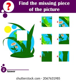 Cartoon, Vektorgrafik Illustration von Puzzleteile. Puzzle-Erziehungsspiel für Vorschulkinder mit Grasshopper