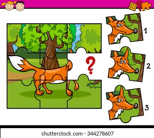 Cartoon Vector Illustration Of Jigsaw Puzzle Educational Task For Preschool Children With Fox Animal Character