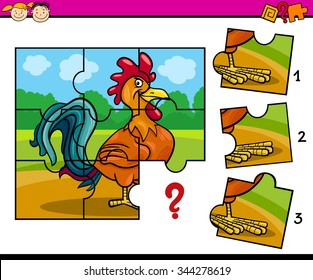 Cartoon Vector Illustration of Jigsaw Puzzle Education Task for Preschool Children with Farm Rooster
