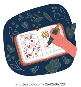 Cartoon vector illustration of journal and planner over dark backround