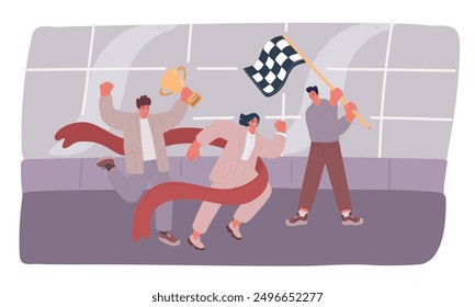 Cartoon vector illustration of Joyful office workers or clerks crossing finish line and tearing red ribbon.
