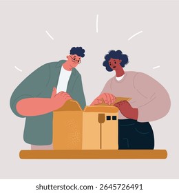 Ilustração vetorial de Cartoon de Joyful unboxing. Casal de rir muito alegre. Novos proprietários inquilinos inquilinos de casa apartamento desempacotar após a mudança de localização, felizes jovens cônjuges recebendo