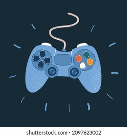 Cartoon vector illustration of joystick with buttons on dark backround.