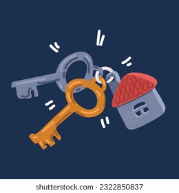 Cartoon vector illustration of Keychain with key ring house locket. Key chain with house over dark background