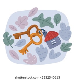 Ilustración vectorial de dibujos animados de Keychain con anillo de claves y un casillero de la casa del pendant. Cadena de llaves con casa.