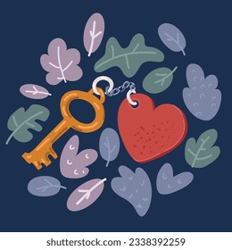 Cartoon vector illustration of Keychain with key and heart locket over dark