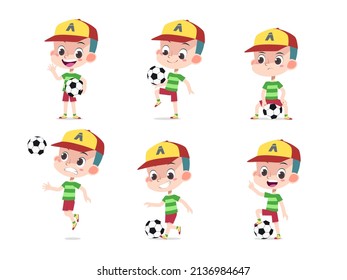 cartoon vector illustration of a kid boy playing soccer football in many poses fit for sport theme children illustration