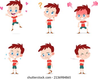 Cartoon vector illustration of a kid boy set of expression in many poses that can be used for children cartoon character illustration