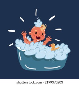 Cartoon vector illustration of kid boy bath wash over dark backround
