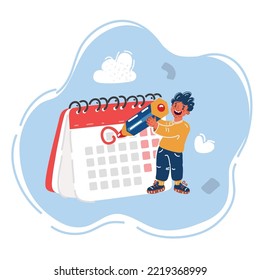 Cartoon vector illustration of Kid Boy Looking at the Calendar and mark the date.