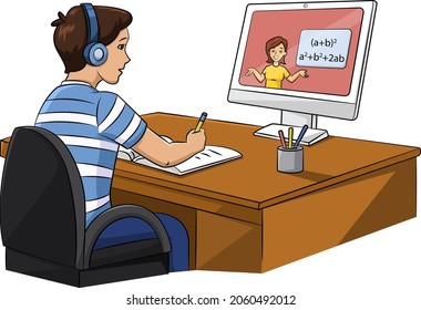 Cartoon vector illustration of a kid doing e-distance learning