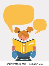 Cartoon vector illustration of Kid Girl Reading a Book with Speech Bubble.