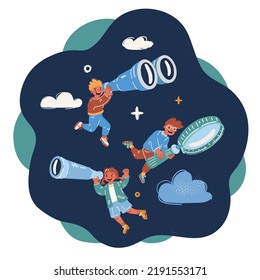 Dibujo vectorial de dibujos animados de niños haciendo búsqueda juntos. Niños y niñas con binoculares, lupa, telescopio sobre el fondo oscuro