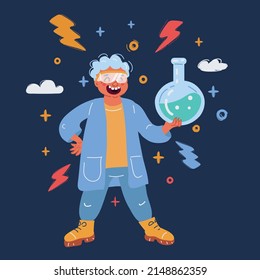Ilustración vectorial de dibujos animados del niño aprende la lección de química sobre el fondo oscuro.