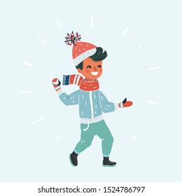 Cartoon vector illustration of Kid playing in snow, Children play in winter. Boy on white background.