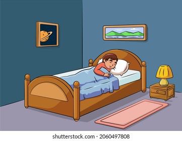 Cartoon vector illustration of a kid sleeping bedroom