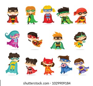 Cartoon vector illustration of Kid Superheroes wearing comics costumes isolated on the white background.
