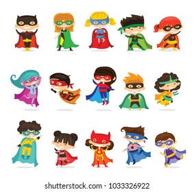 Cartoon vector illustration of Kid Superheroes wearing comics costumes isolated on the white background.