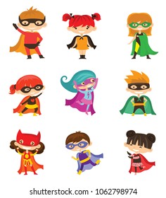 Cartoon vector illustration of Kid Superheroes wearing comics costumes isolated on the white background.