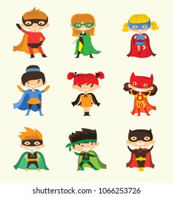 Cartoon vector illustration of Kid Superheroes wearing comics costumes isolated on the white background.