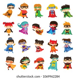 Cartoon vector illustration of Kid Superheroes wearing comics costumes