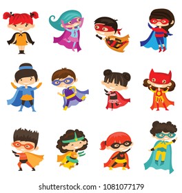 Cartoon vector illustration of Kid Superheroes wearing comics costumes