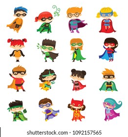 Cartoon vector illustration of Kid Superheroes wearing comics costumes