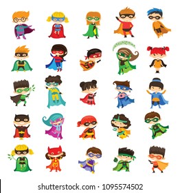 Cartoon vector illustration of Kid Superheroes wearing comics costumes