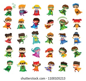 Cartoon vector illustration of Kid Superheroes wearing comics costumes